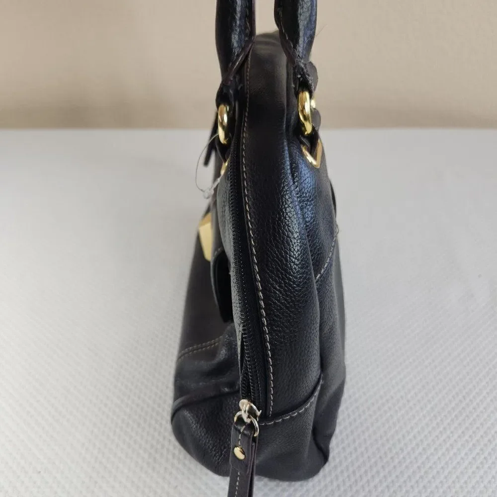 Tignanello Black Leather Striped Lining Satchel Tote Handbag Purse Top Handle